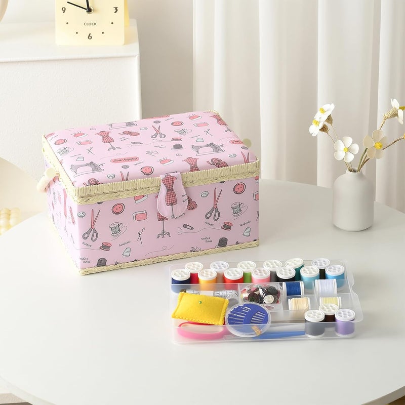 FOPUGT Sewing Basket - Large Sewing Box for Sewing Supplies, Sewing Organizer Box Sewing Kit Storage Christmas Gift for Sewing Enthusiast (Pastel Pink - Large) - Image 5